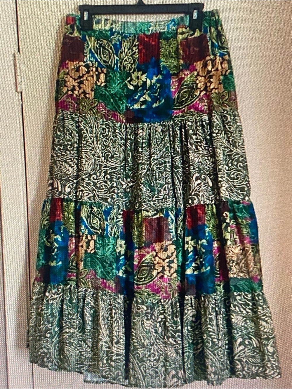 Cupio Green and Blue Tiered Patchwork A-Line Skirt